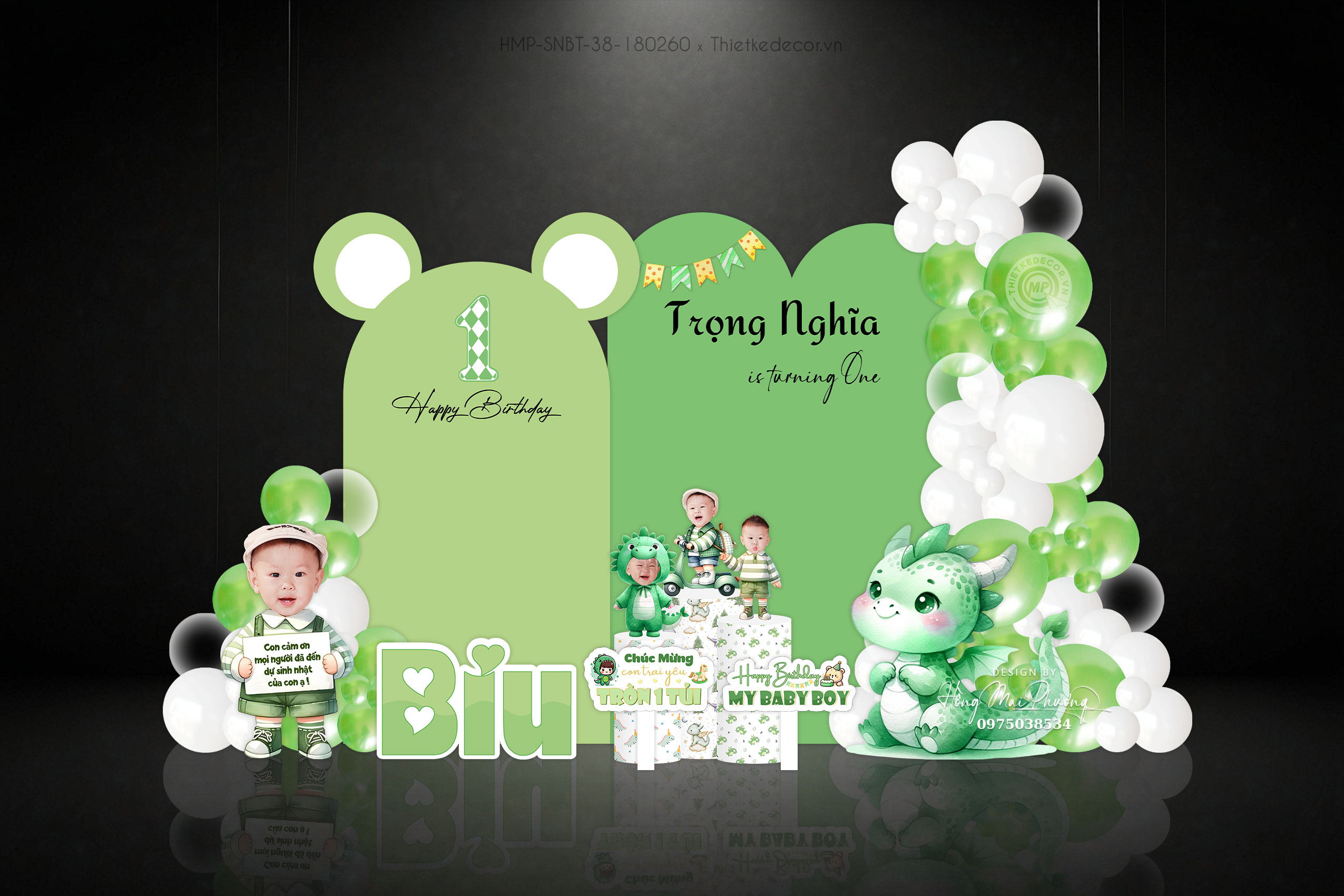 Sinh nhật bé trai tuổi rồng tone xanh lá cây